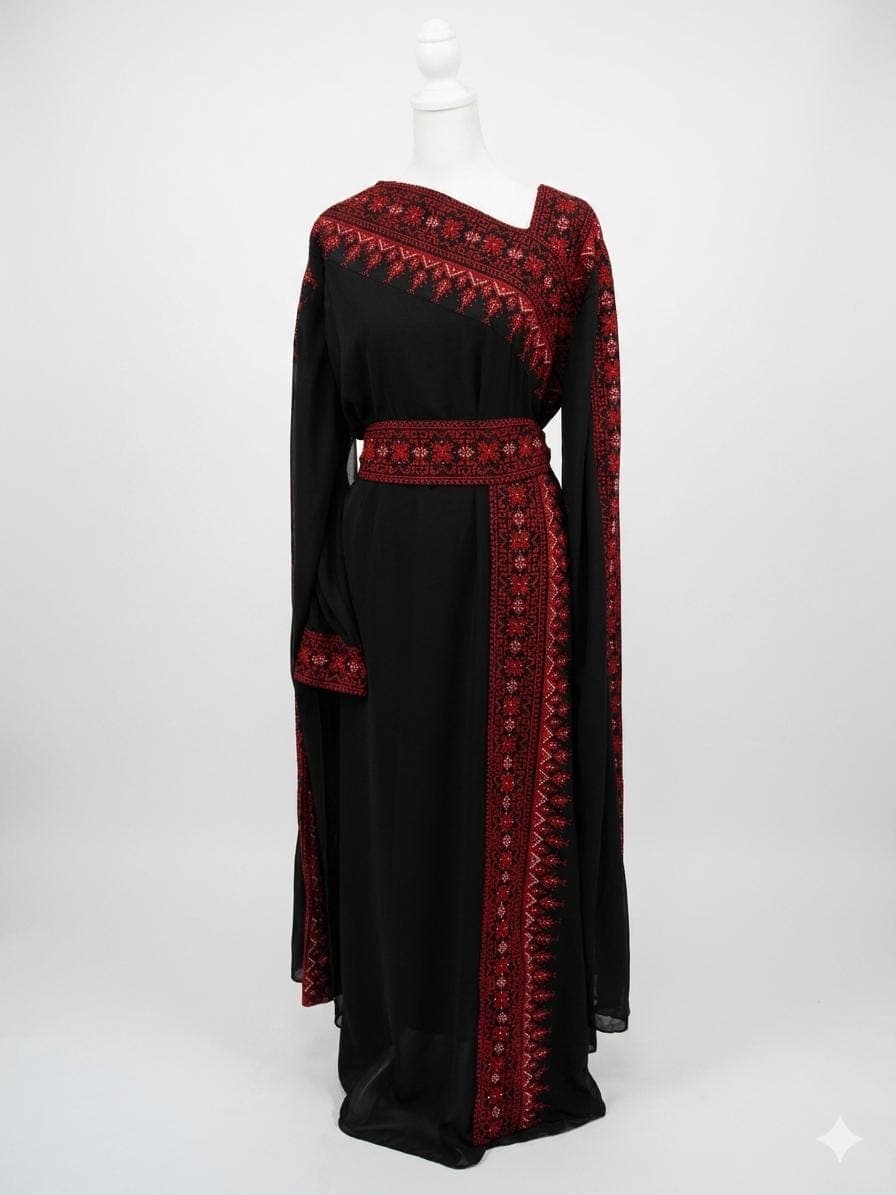 Black Embroidered Thobe Dress, Asymmetric Neckline, Batwing Sleeves, Red Detail, Belted Evening Gown - image 5