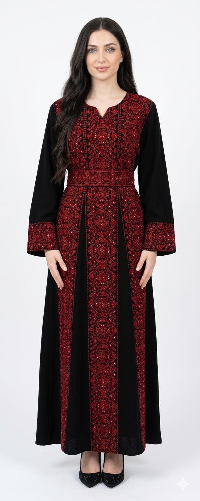 Black Embroidered Thobe with Red Motif Elegant Modest Dress for Eid - image 4