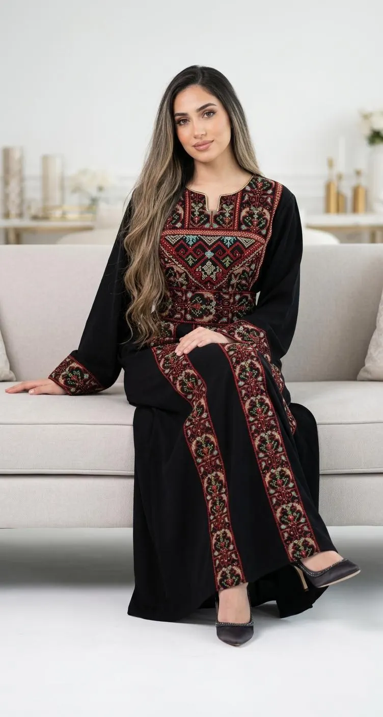 Black Red Embroidered Thobe Dress, Traditional Arab Occasion Wear