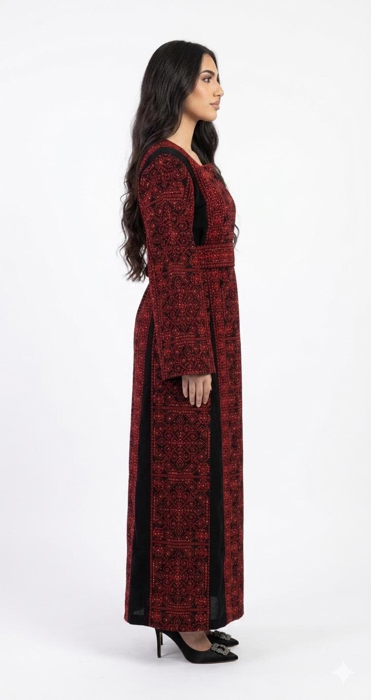 Embroidered Thobe Dress with Full Front & Back Detail, Sparkle, Red Beige - image 5