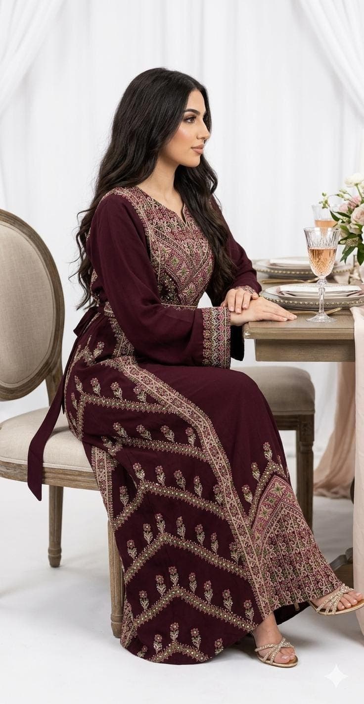 Maroon Embroidered Thobe Dress, Front Back Embroidery