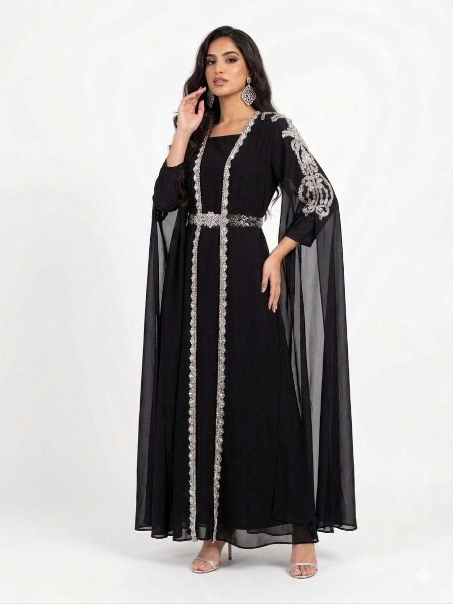 Black Beaded Kaftan Dress with Belt, Elegant Batwing Evening Gown