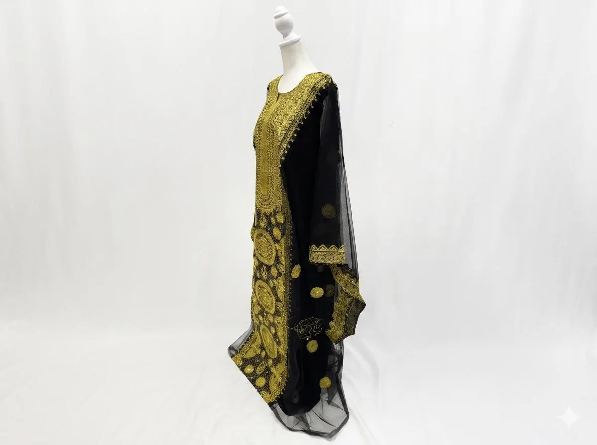 Black Tulle Dress with Gold Embroidery, Traditional Hashimi Nashel Iraqi Wear - image 3