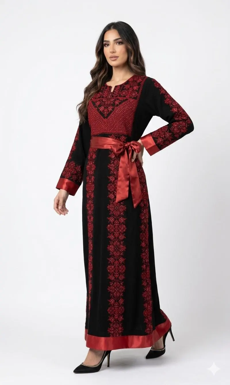 Black Embroidered Thobe with Floral Motif, Red Satin Belt, Long Sleeve Evening Dress - image 5