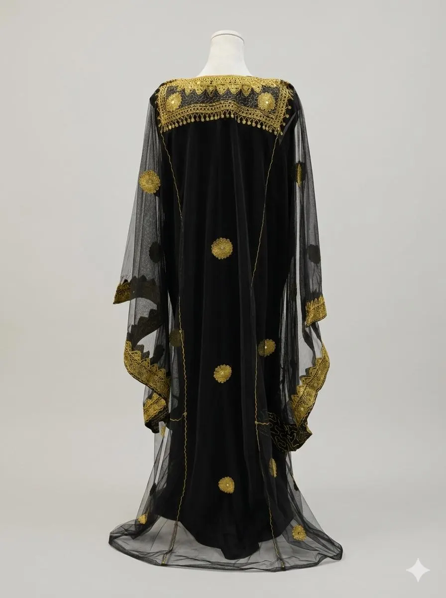 Black Tulle Dress with Gold Embroidery, Traditional Hashimi Nashel Iraqi Wear - image 4