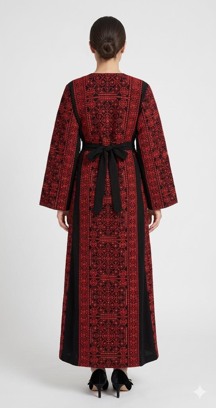 Embroidered Thobe Dress with Full Front & Back Detail, Sparkle, Red Beige - image 4