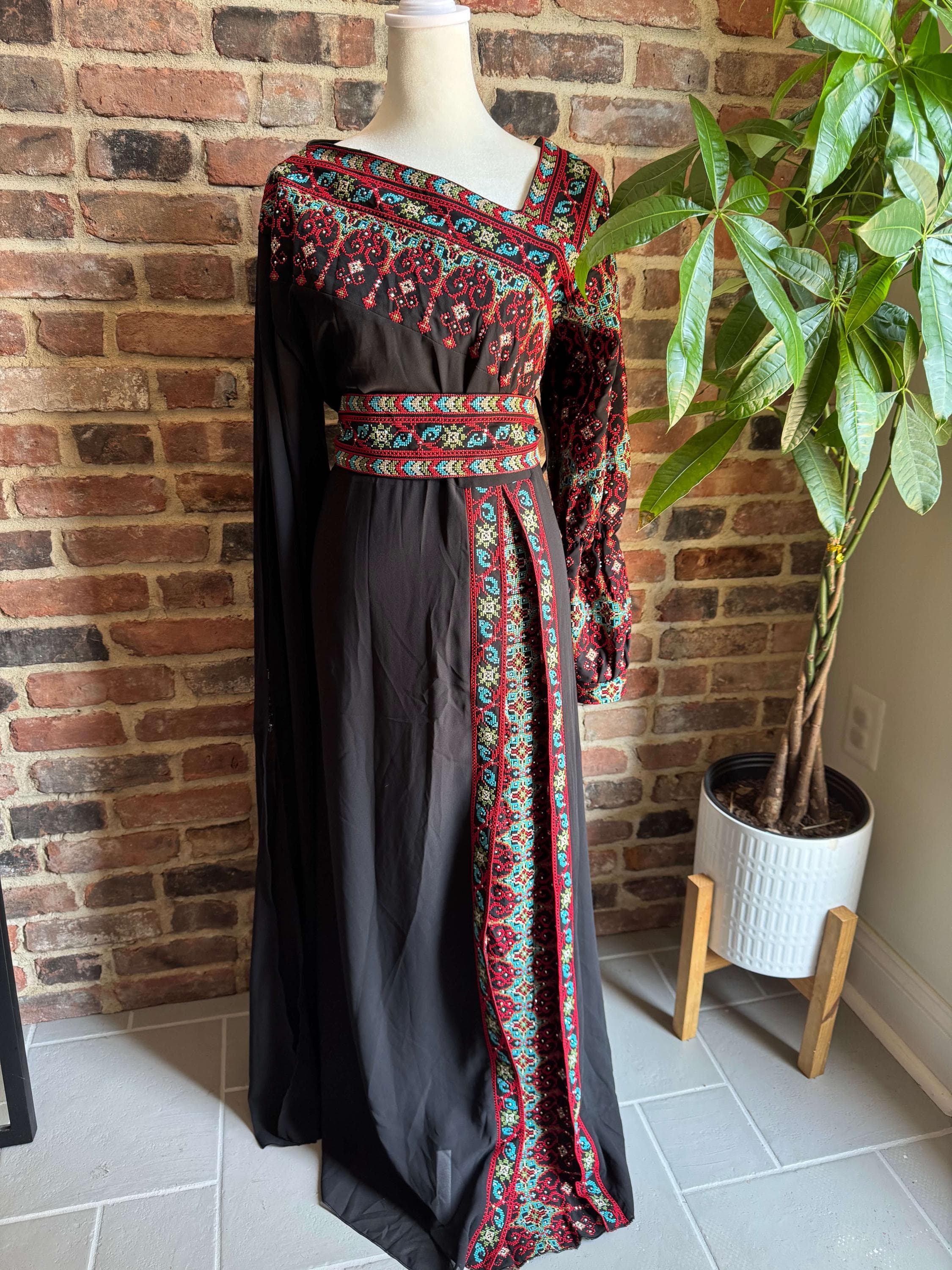 Asymmetric Neck Embroidered Thobe Dress with Belt – Long Arabic Women’s Dress - image 3