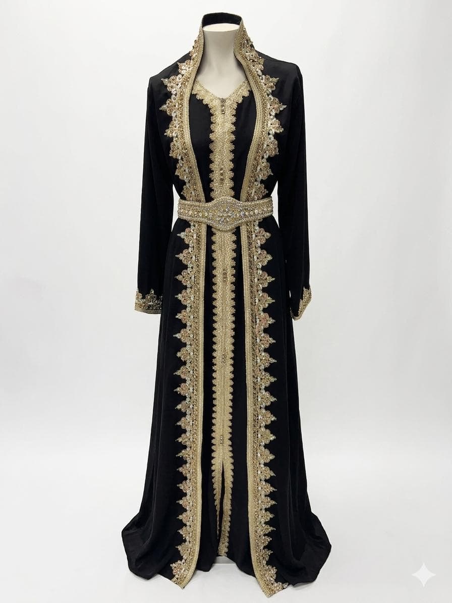 Black Two Piece Kaftan Set with Embroidered Dress and Gold Embellishments - image 4