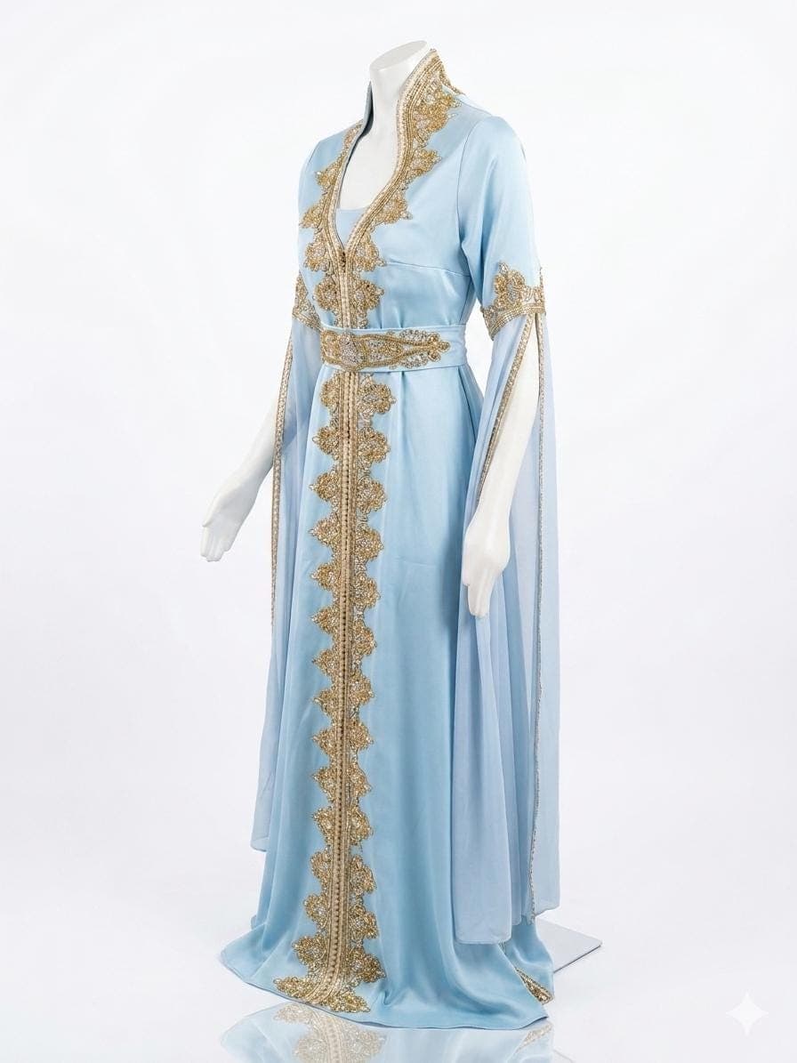 Baby Blue Kaftan Dress with Gold Embellishments, Luxury Batwing Evening Gown - image 3