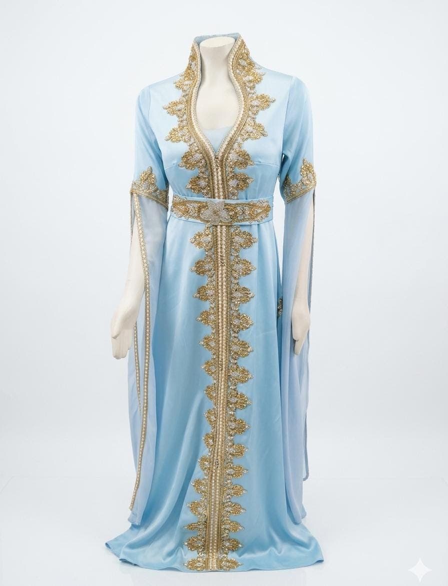 Baby Blue Kaftan Dress with Gold Embellishments, Luxury Batwing Evening Gown - image 4
