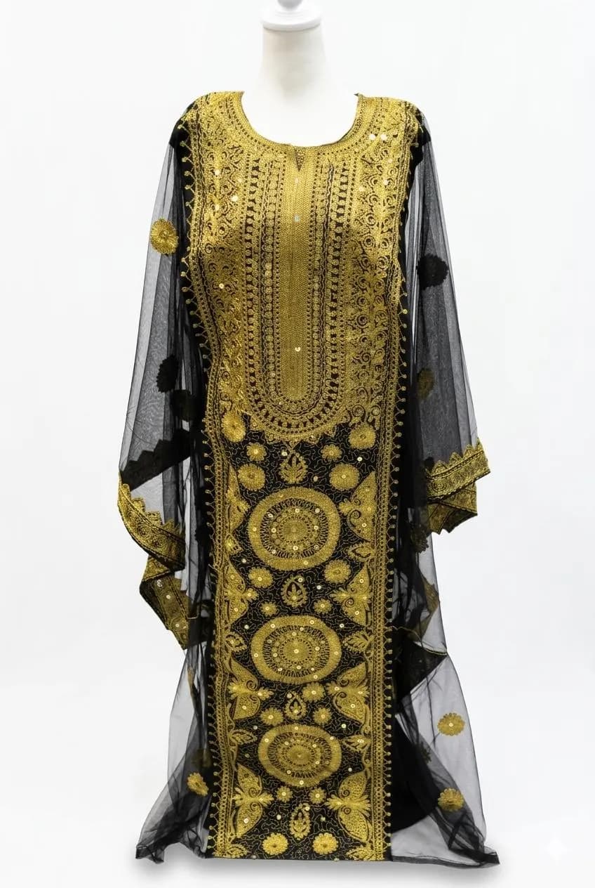 Black Tulle Dress with Gold Embroidery, Traditional Hashimi Nashel Iraqi Wear - image 5
