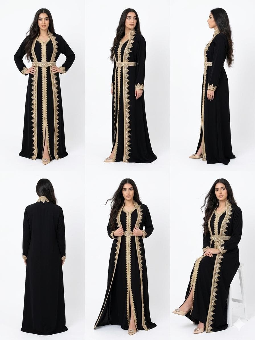 Black Two Piece Kaftan Set with Embroidered Dress and Gold Embellishments - image 5