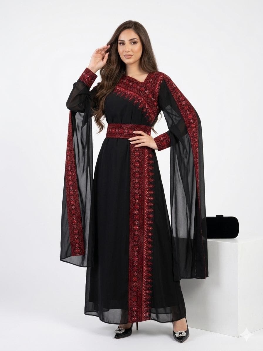 Black Embroidered Thobe Dress, Asymmetric Neckline, Batwing Sleeves, Red Detail, Belted Evening Gown - image 3