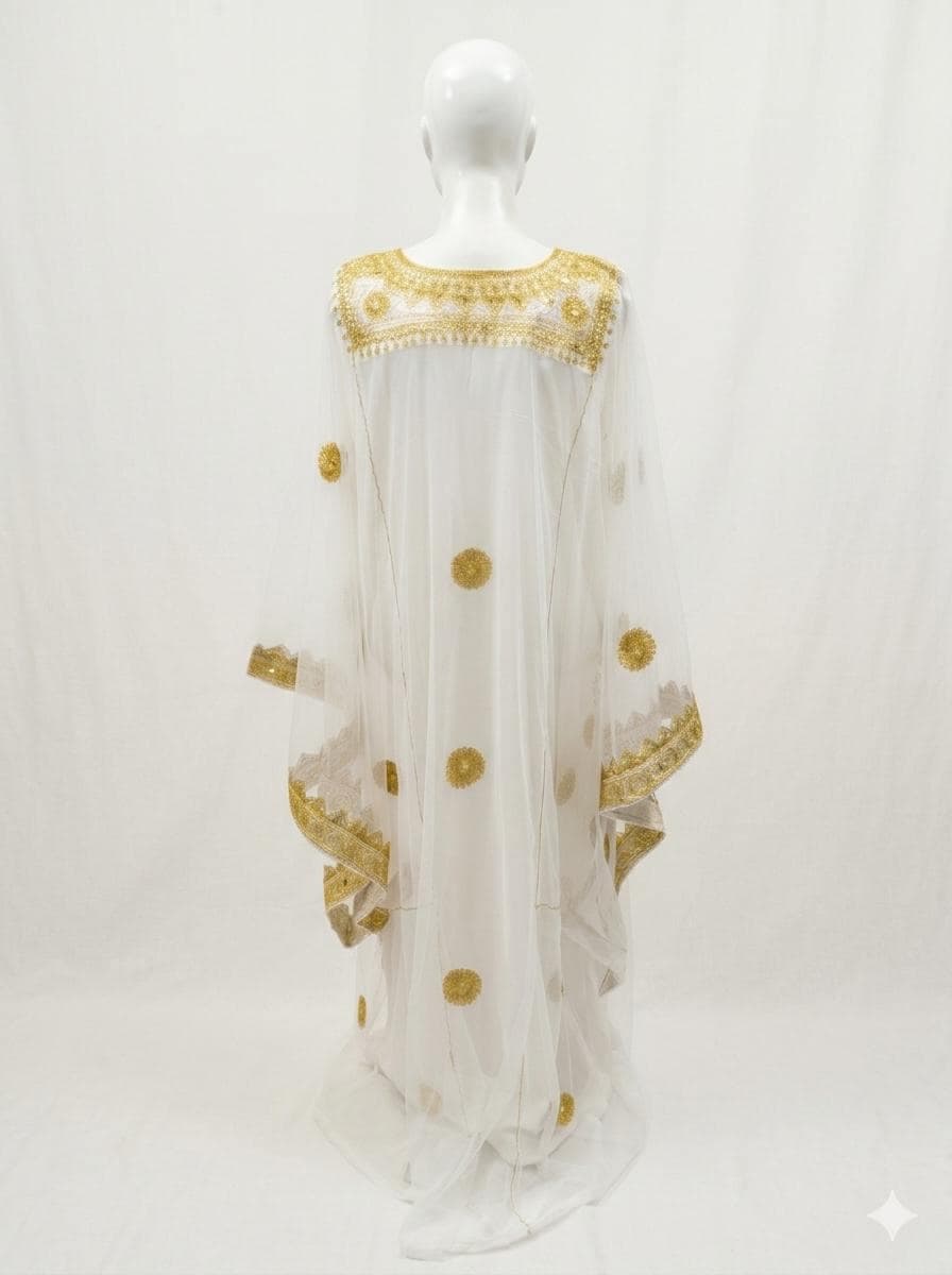 White Hashimi Nashel Dress, Embroidered Tulle, Iraq Traditional Occasion, Handmade with Inner Dress - image 4