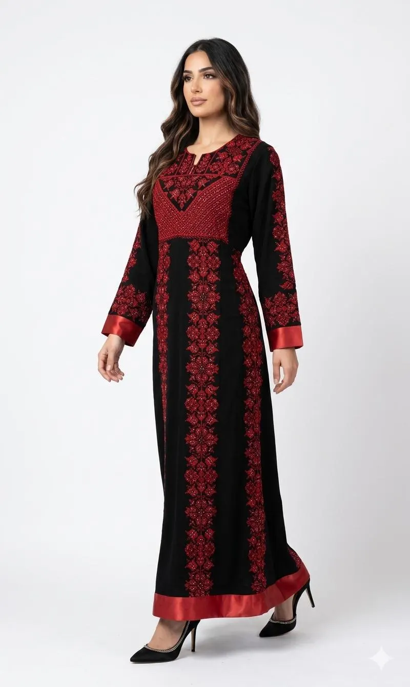 Black Embroidered Thobe with Floral Motif, Red Satin Belt, Long Sleeve Evening Dress - image 4