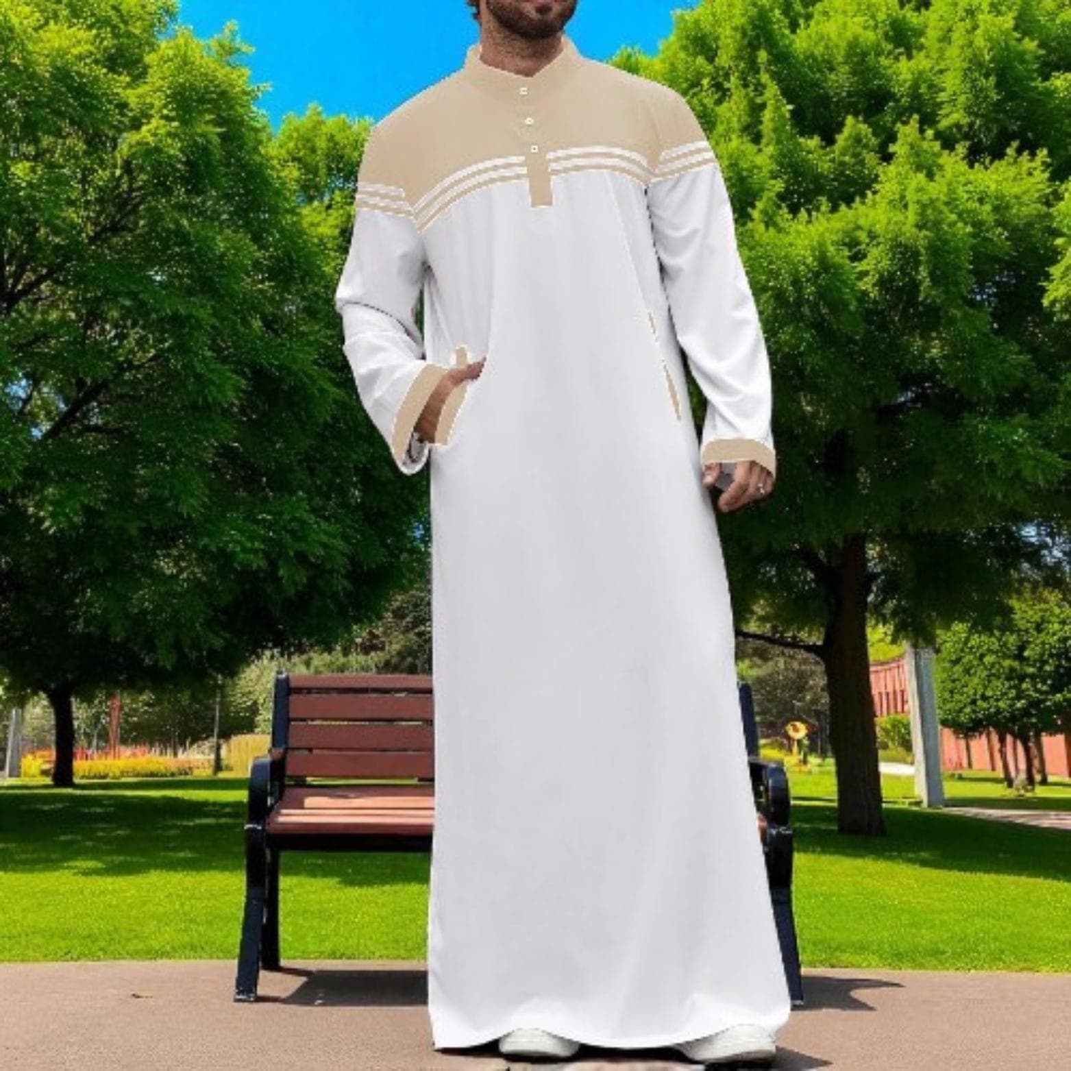 Color Blocked Men's Thobe - Traditional Muslim Gown - image 3