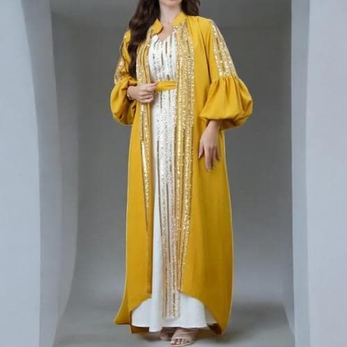 Sequin Moroccan Abaya Dress – 2-Piece Muslim Women's Maxi
