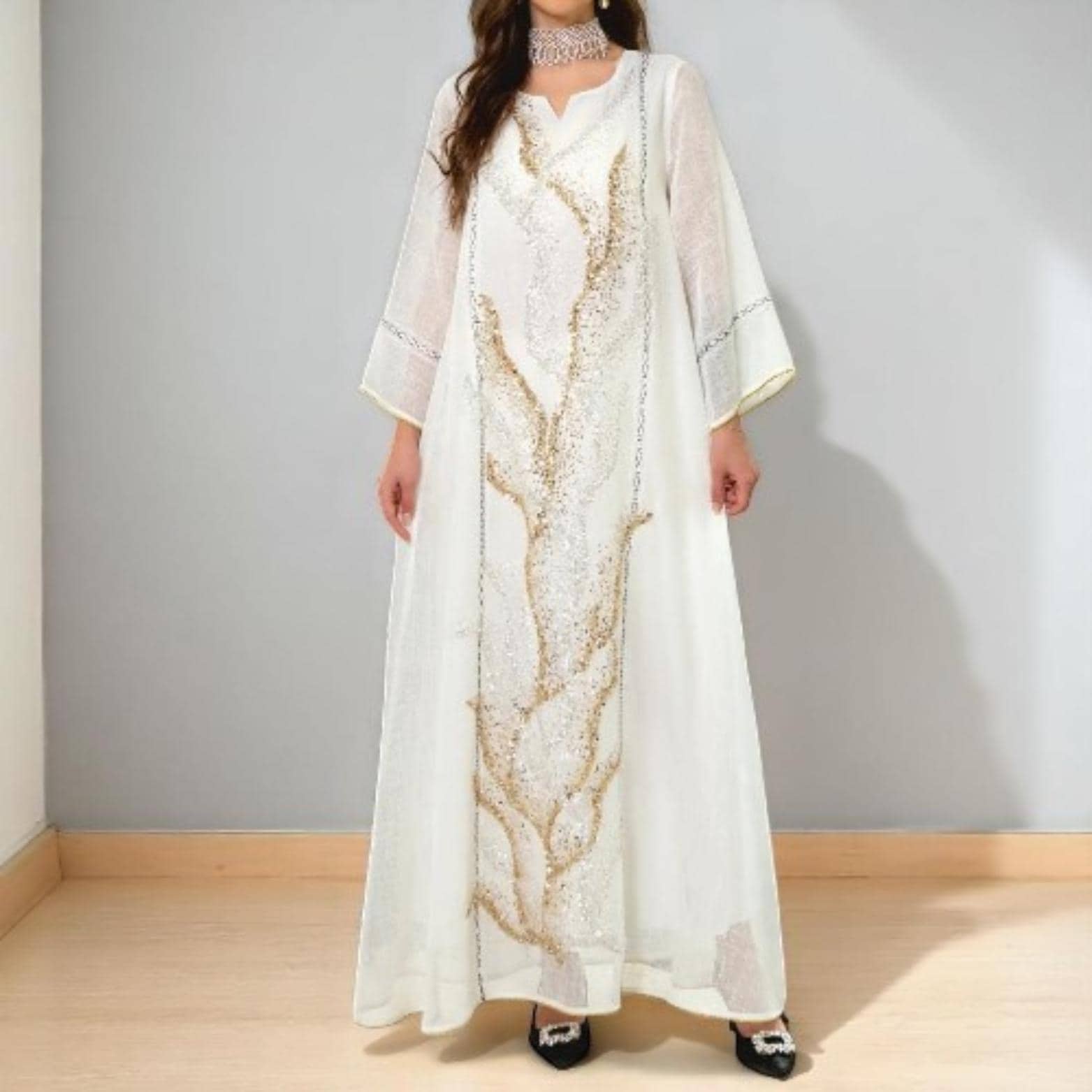 Dubai Luxury Abaya Robe – White Mesh Beaded Dress for Muslim Women – Embroidered Kaftan Jellabiya, Arabic Morocco Islamic Clothing - image 3
