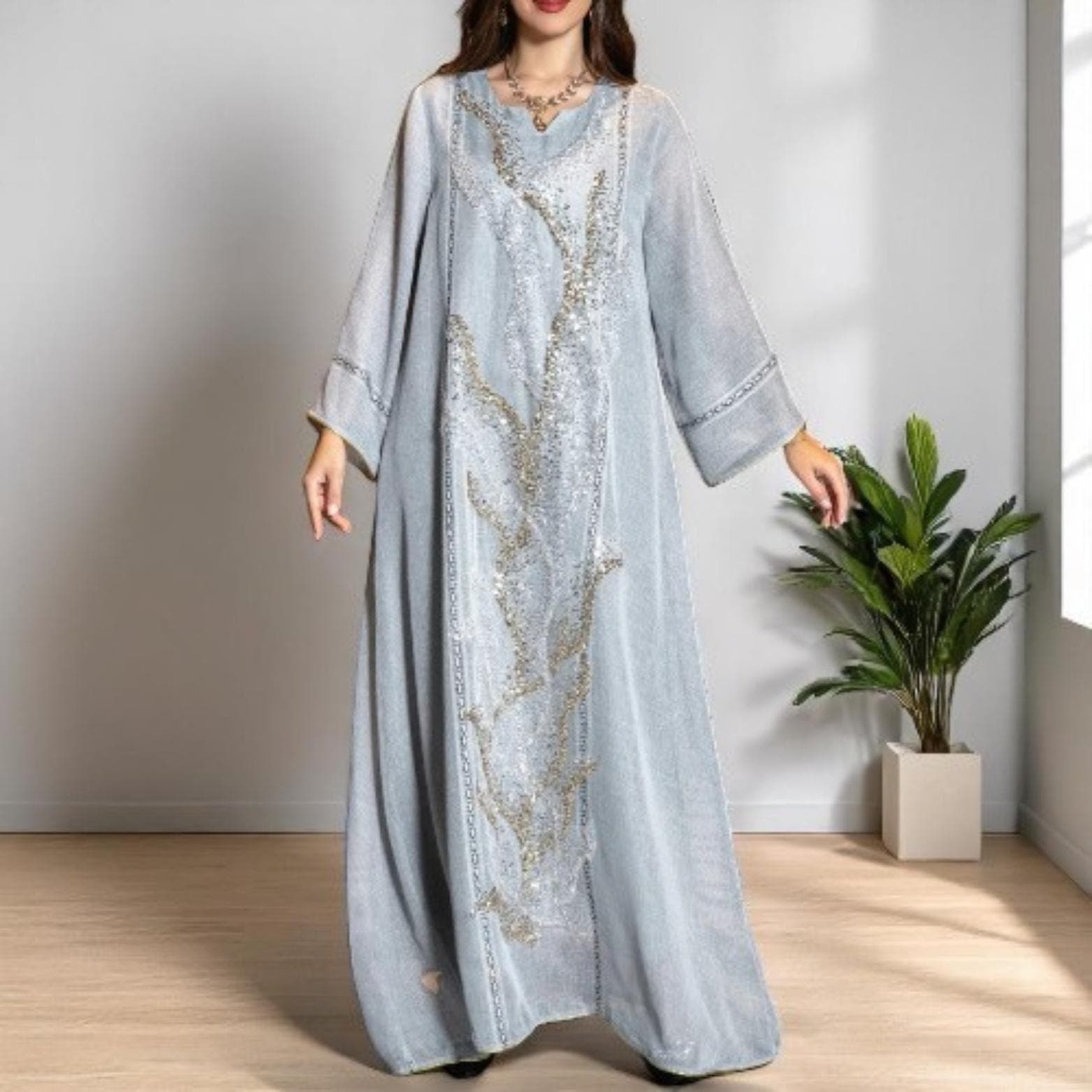 Dubai Luxury Abaya Robe – White Mesh Beaded Dress for Muslim Women – Embroidered Kaftan Jellabiya, Arabic Morocco Islamic Clothing