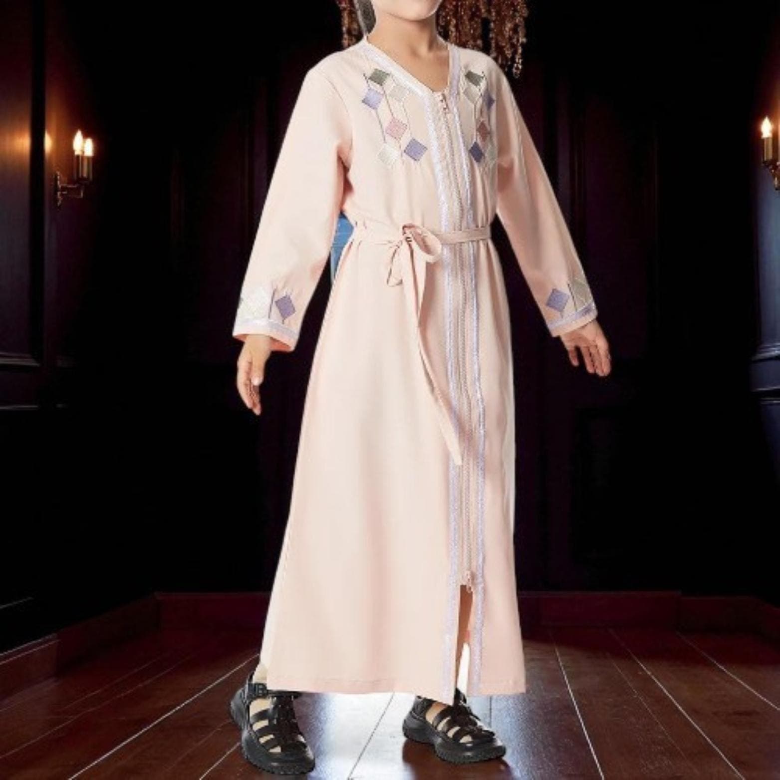 Girls' Zipper Abaya – Moroccan Kaftan, Islamic Eid Dress - image 4
