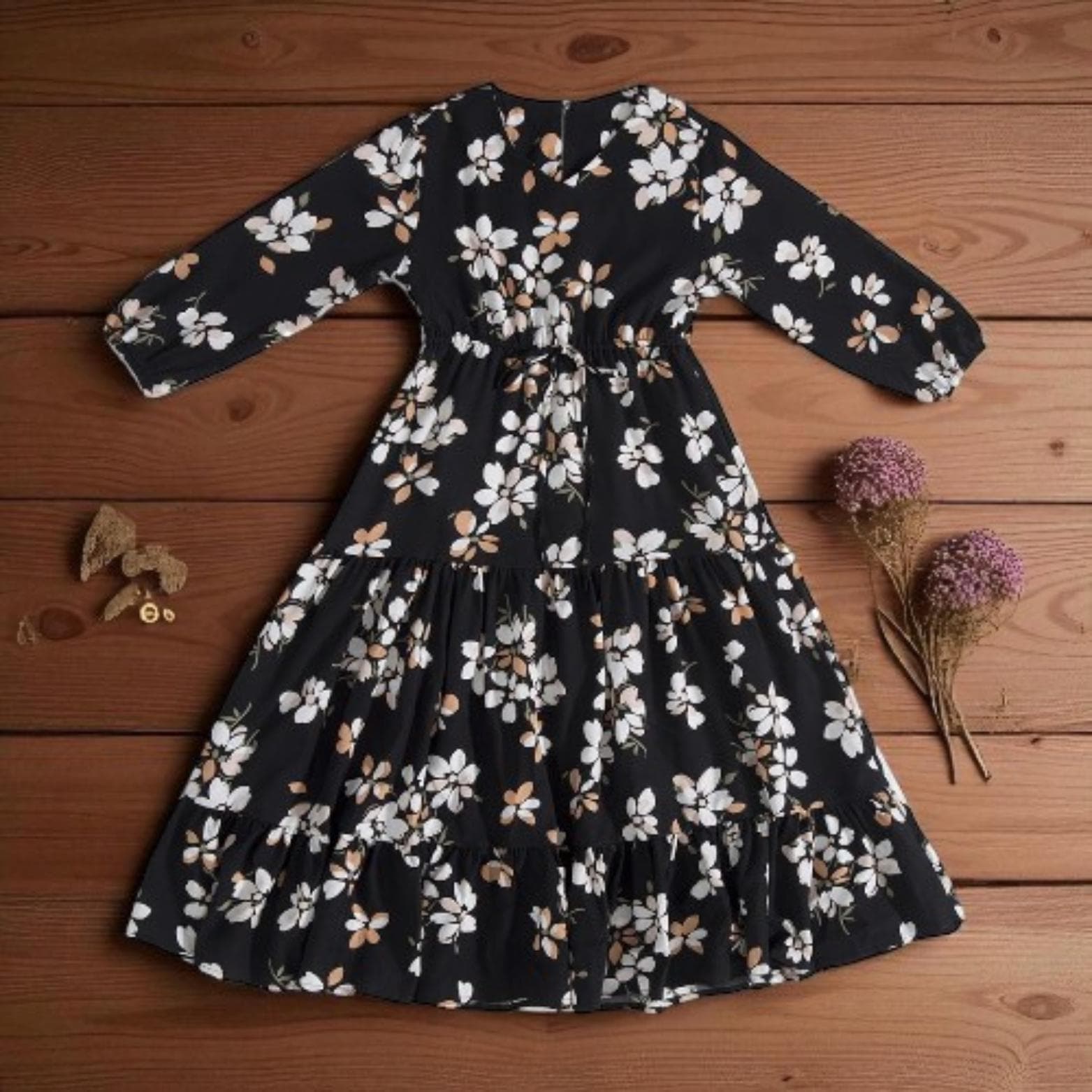 Girls' Floral Print Abaya – Muslim Eid Party Dress, Islamic Kaftan - image 5