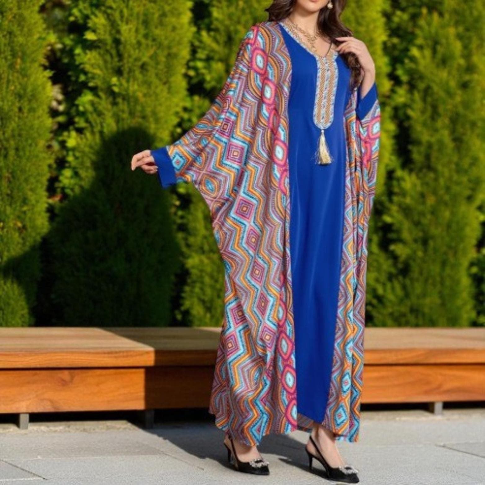 Ramadan Abaya Dress - Floral Patchwork Batwing Sleeve Dubai Kaftan - image 4