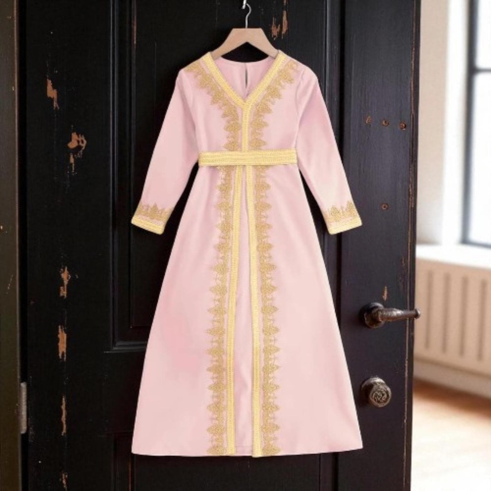 Girls' Lace Abaya – Eid Muslim Kaftan Dress with Sash - image 3