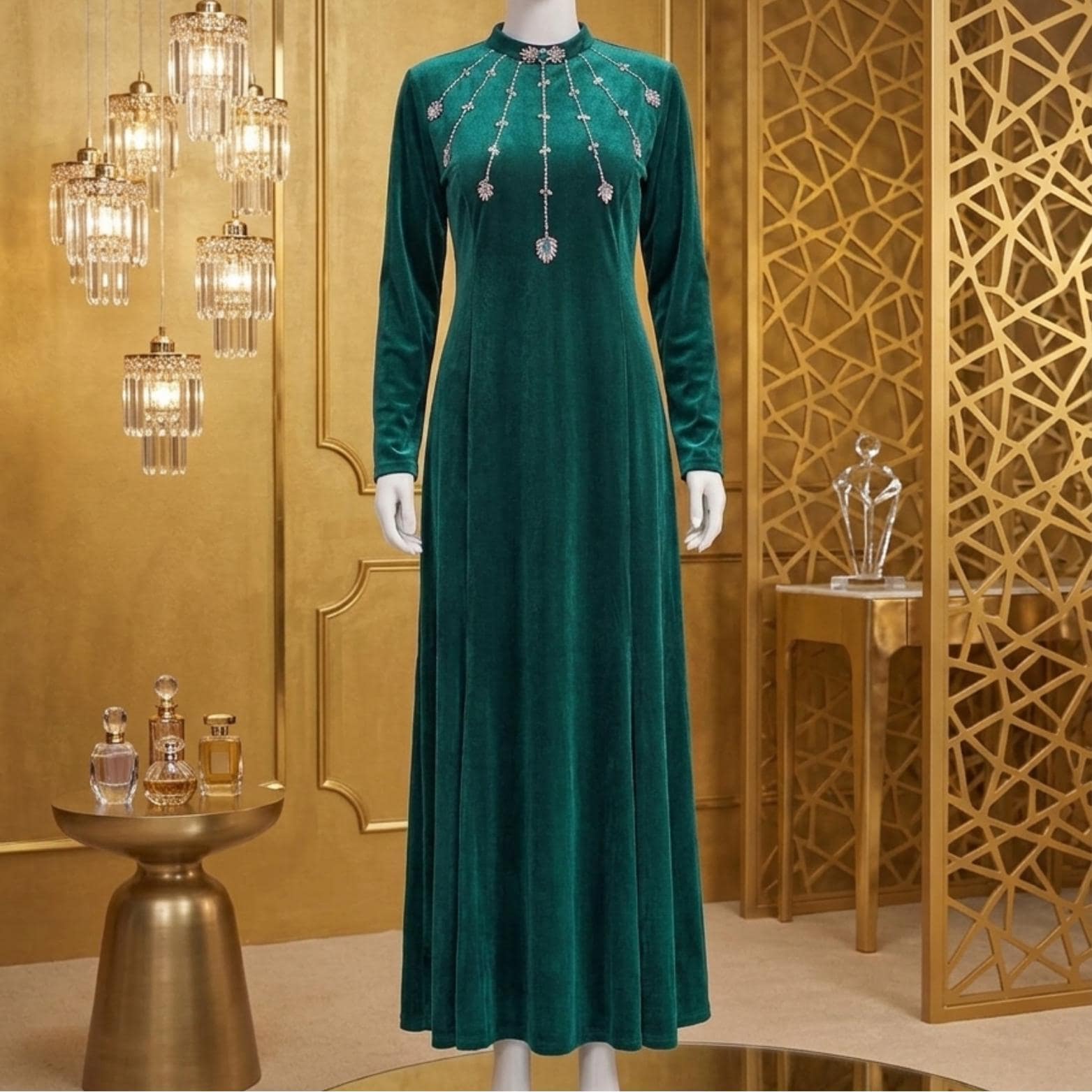 Velvet Fishtail Long Dress, Retro Handmade Diamond Embellished Gown, Elegant Evening Dress, Vintage Fashion, Gift for Her