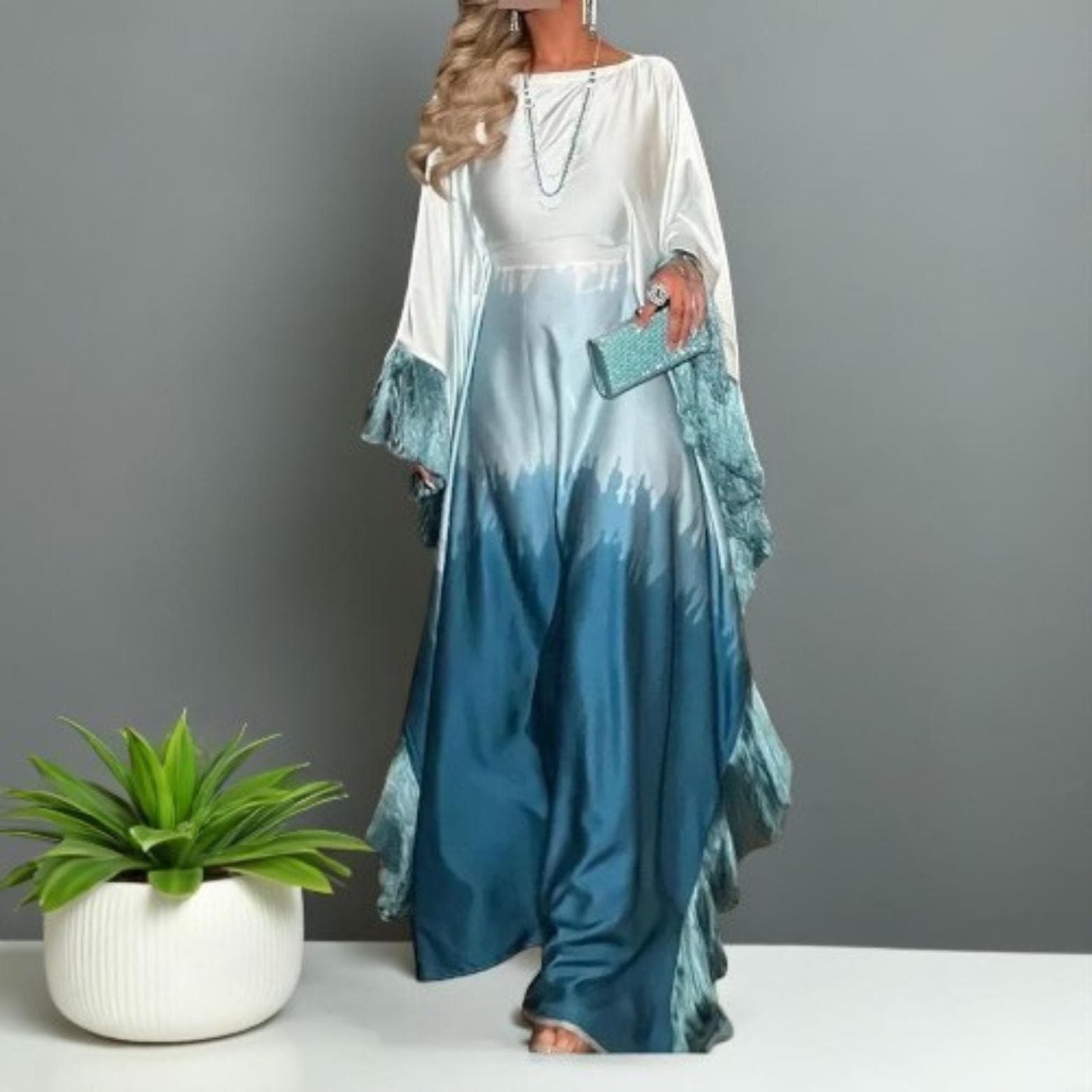 Batwing Sleeve Kaftan Abaya Dress: Gradient Tassel Islamic Evening Gown - image 3