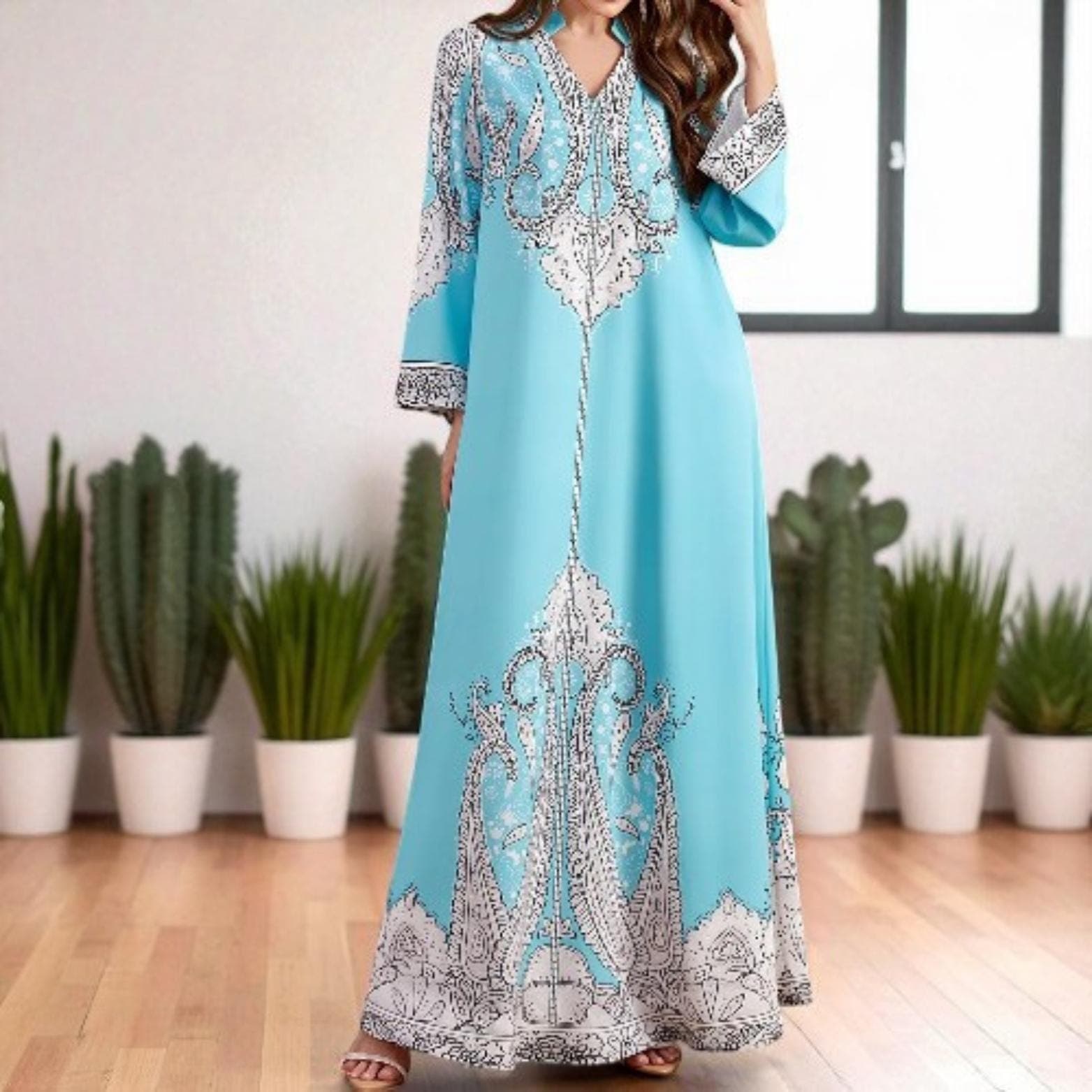 Morocco Floral Print Abaya: Long Sleeve Dubai Kaftan Robe