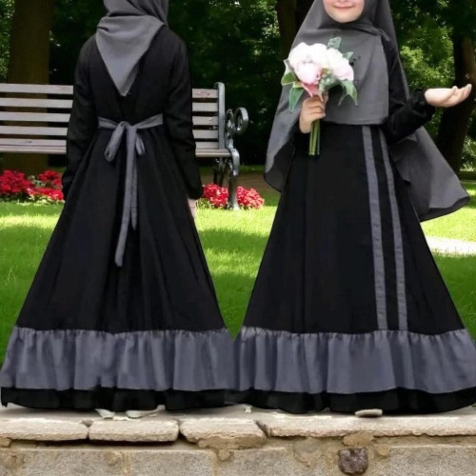 Girls' Abaya Prayer Dress Set – Islamic Jilbab with Contrast Trim