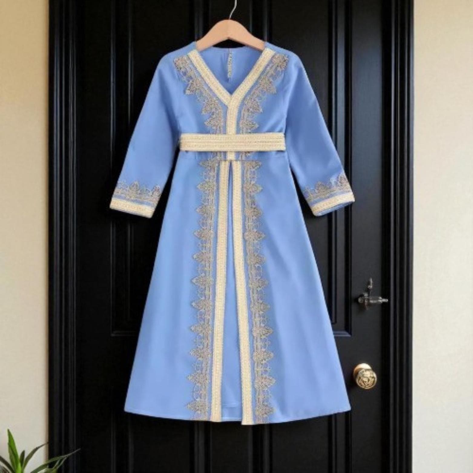 Girls' Lace Abaya – Eid Muslim Kaftan Dress with Sash - image 4