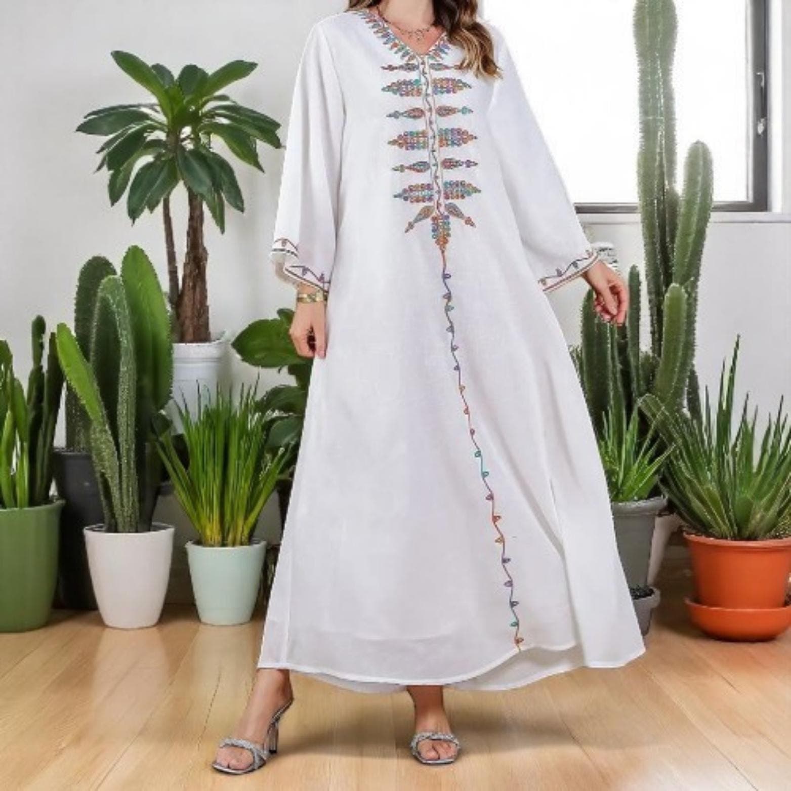 Siskakia Ramadan Muslim V-Neck Embroidery Maxi Abaya | Loose Caftan Marcaine Dresses for Women Gala