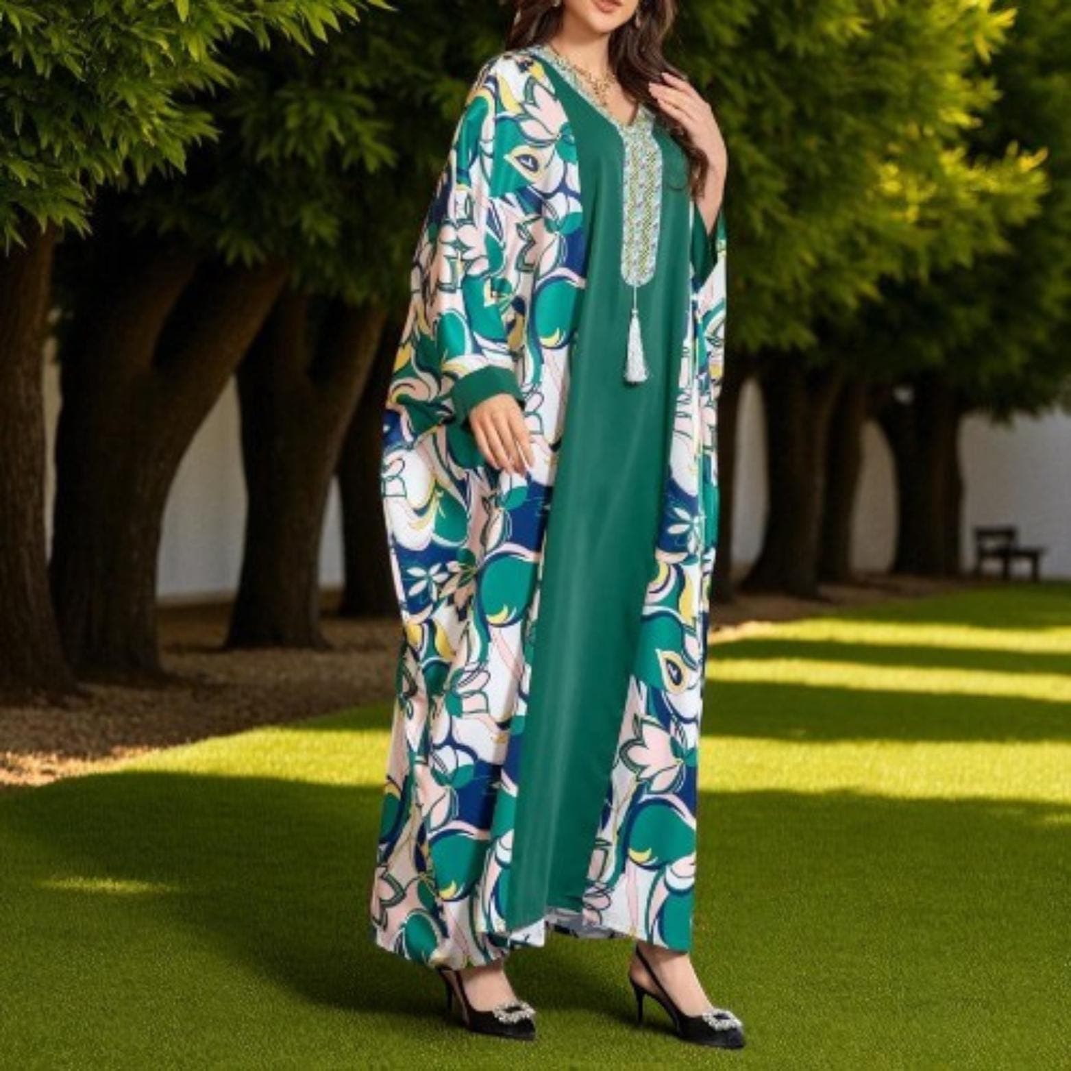 Ramadan Abaya Dress - Floral Patchwork Batwing Sleeve Dubai Kaftan - image 3