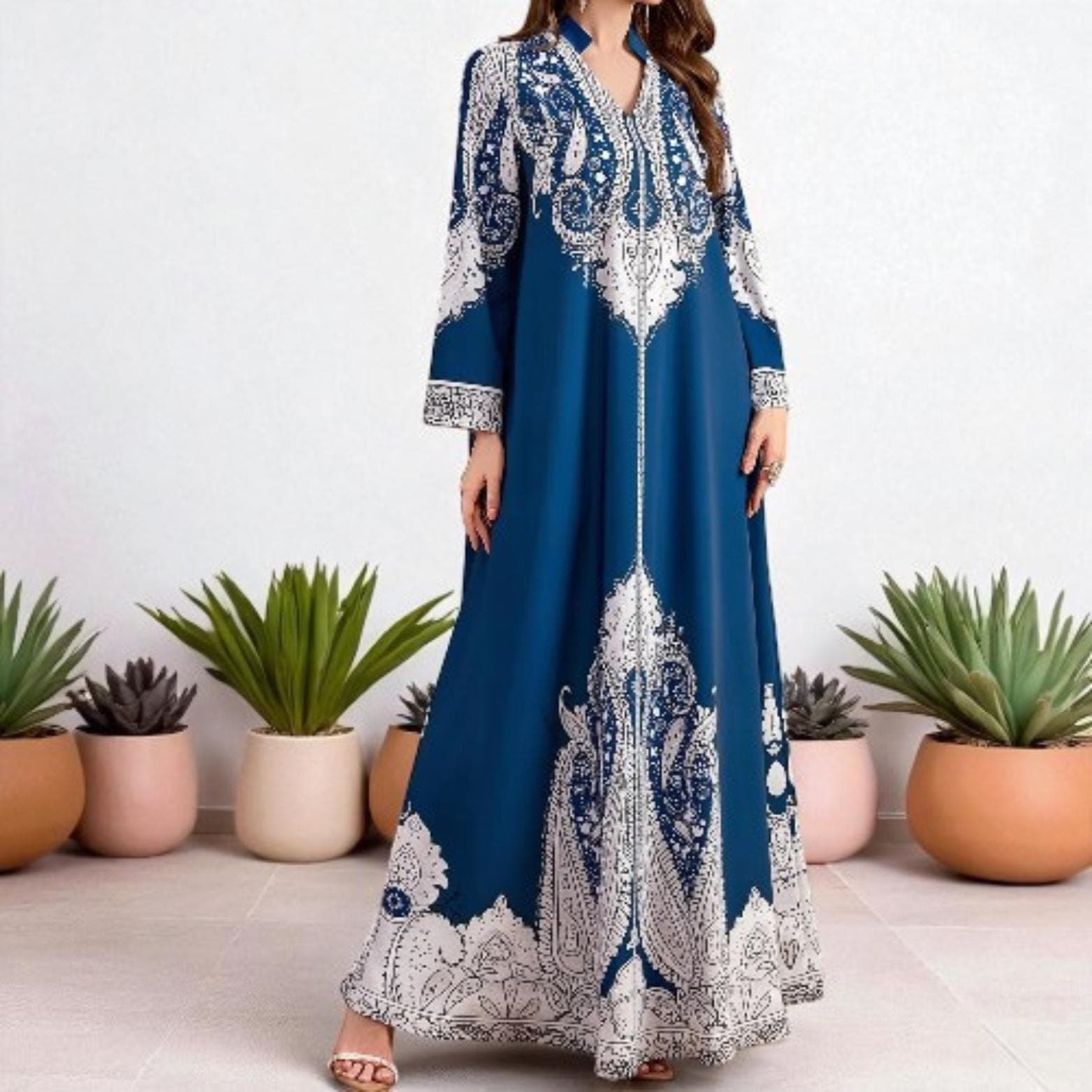 Morocco Floral Print Abaya: Long Sleeve Dubai Kaftan Robe - image 4