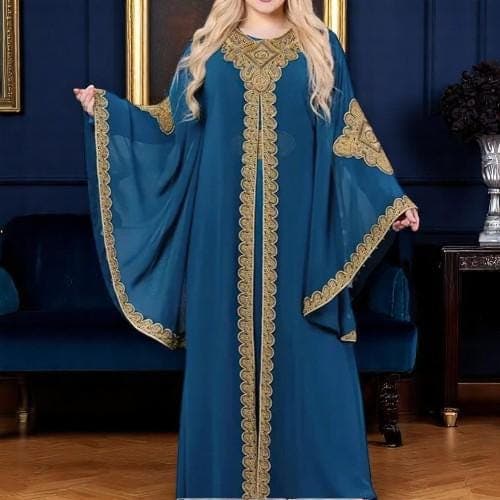 Embroidered Gold Lace Abaya Caftan: Muslim 2-Piece Eid Dress - image 4