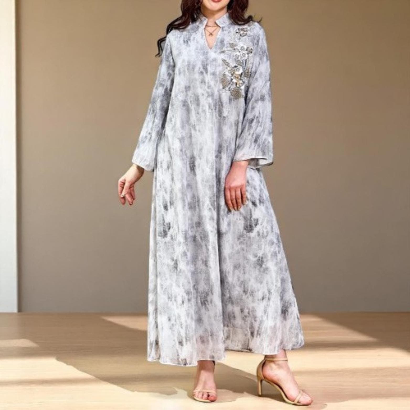 Diamond Beaded Abaya Kaftan: Floral Print Eid Muslim Dress