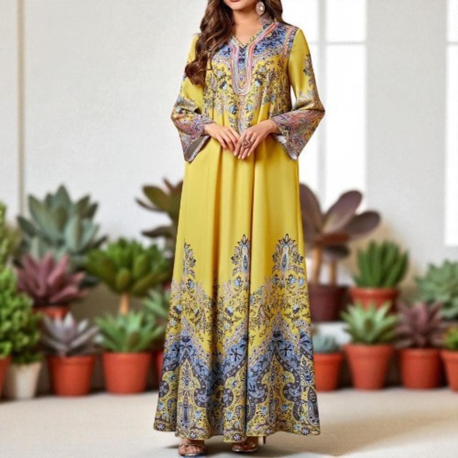 Eid Mubarak Floral Abaya Dress: Dubai Kaftan Robe