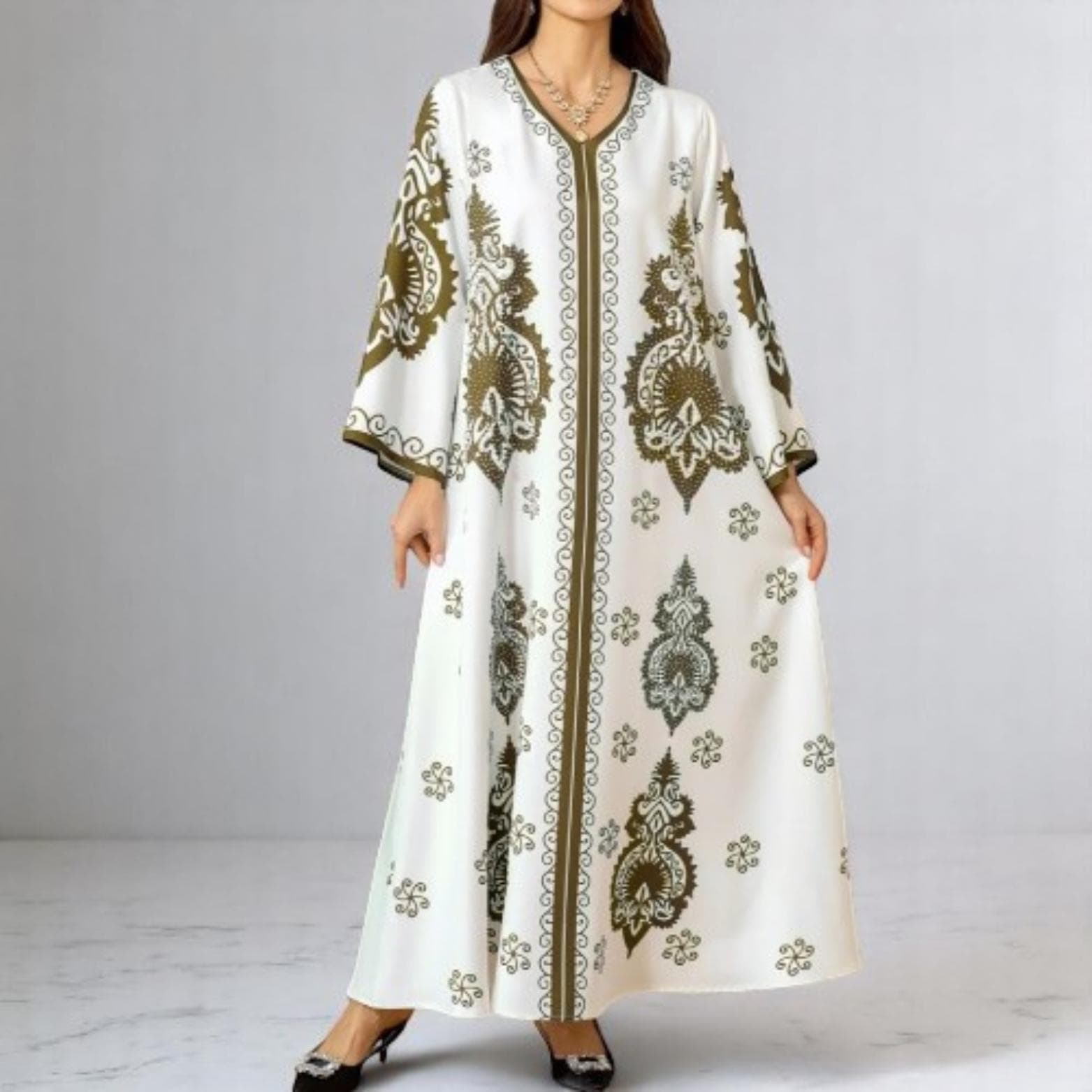 Printed Beaded Kaftan Abaya: Moroccan Saudi Style V-Neck Home Wear