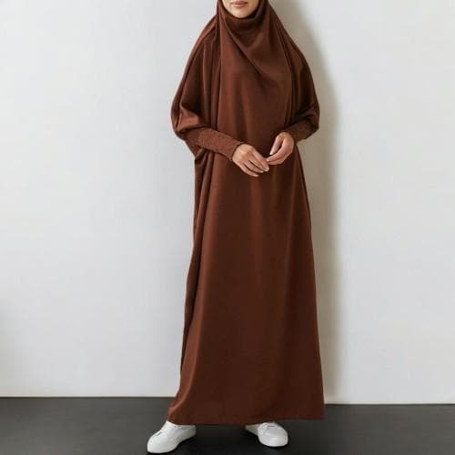 Hooded Jilbab Abaya: Smocked Sleeve Muslim Prayer Dress