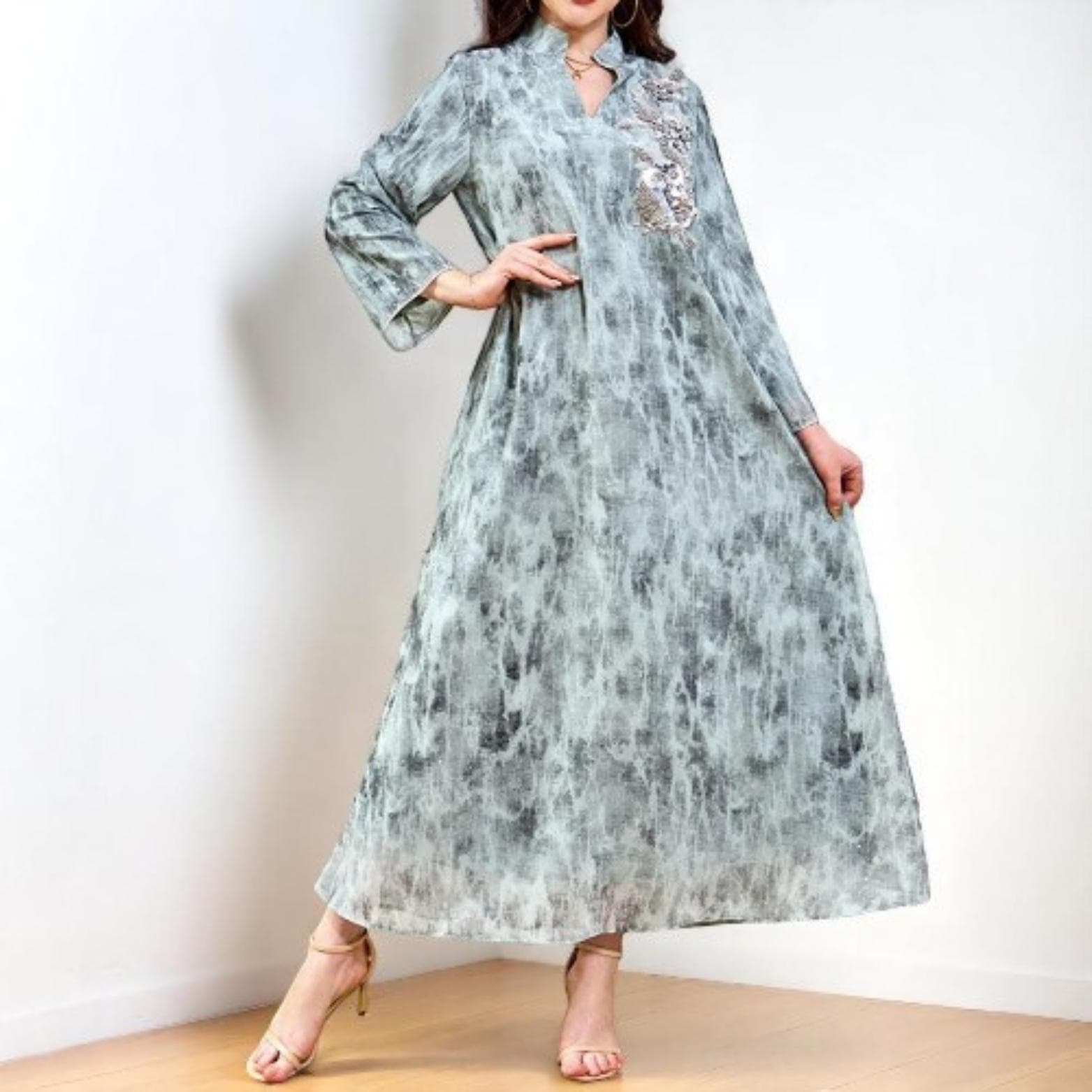 Diamond Beaded Abaya Kaftan: Floral Print Eid Muslim Dress - image 3