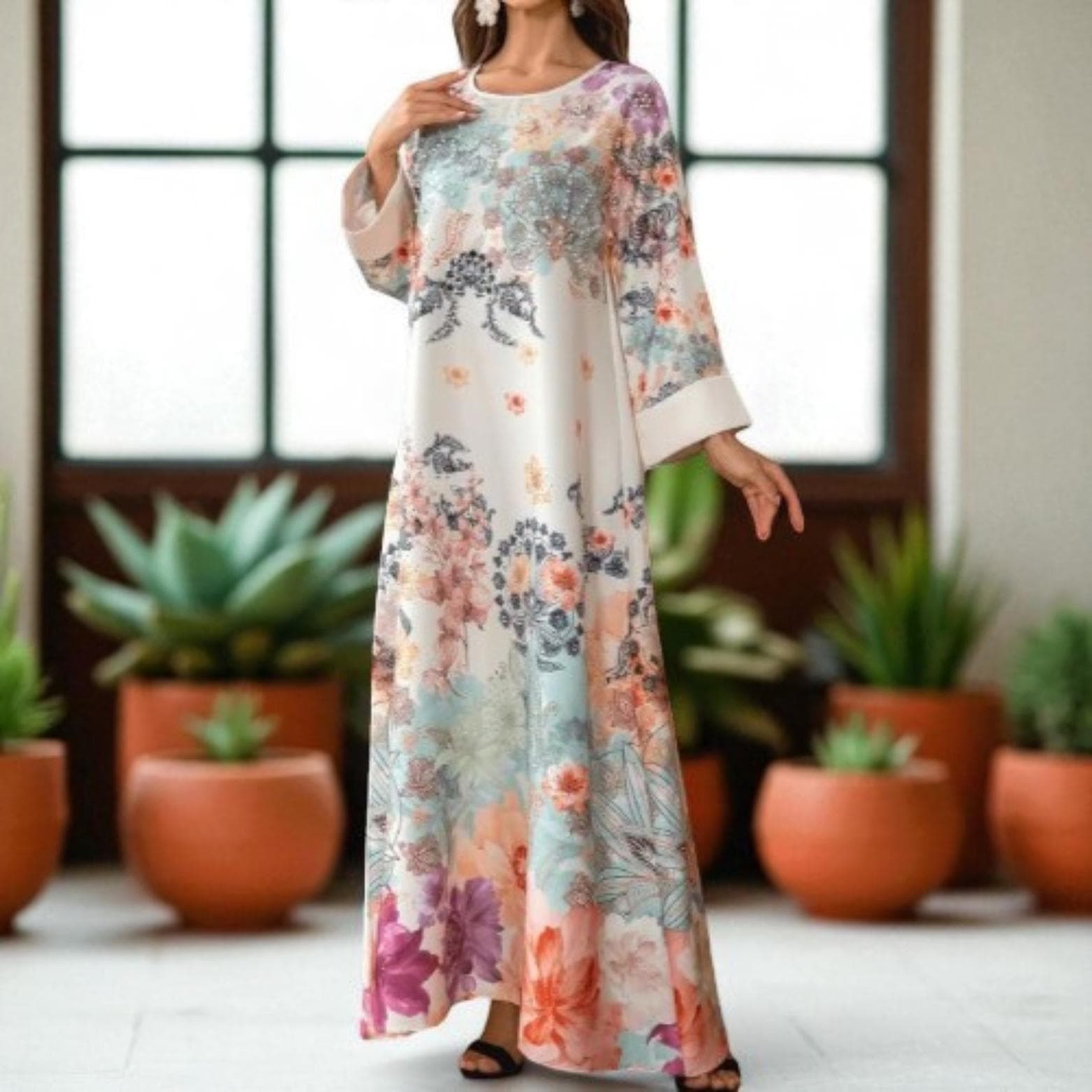 Floral Print Muslim Robe: Rhinestone Arab Ladies Dress