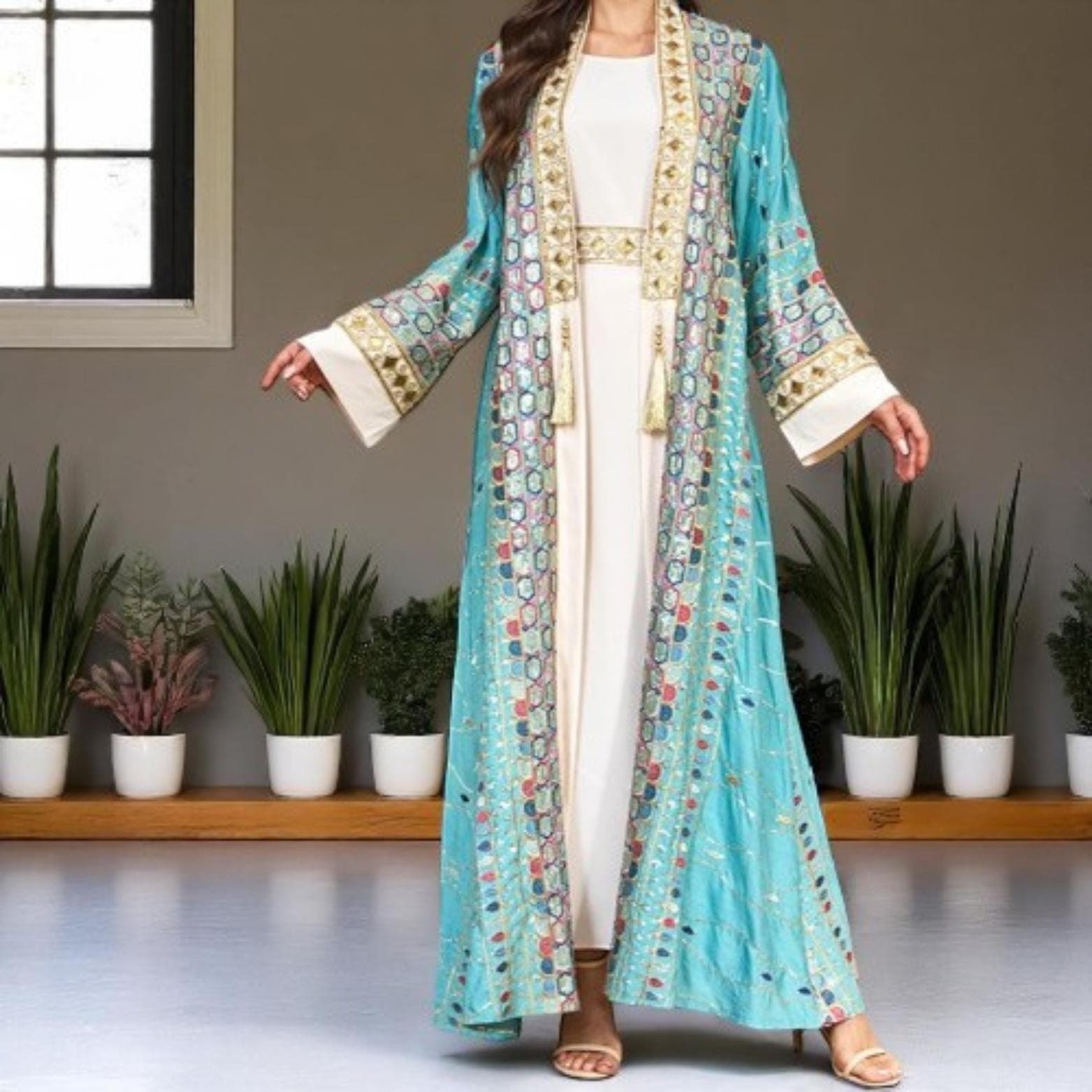 Sequin Embroidered Abaya Dress: Women's Kaftan Jellabiya