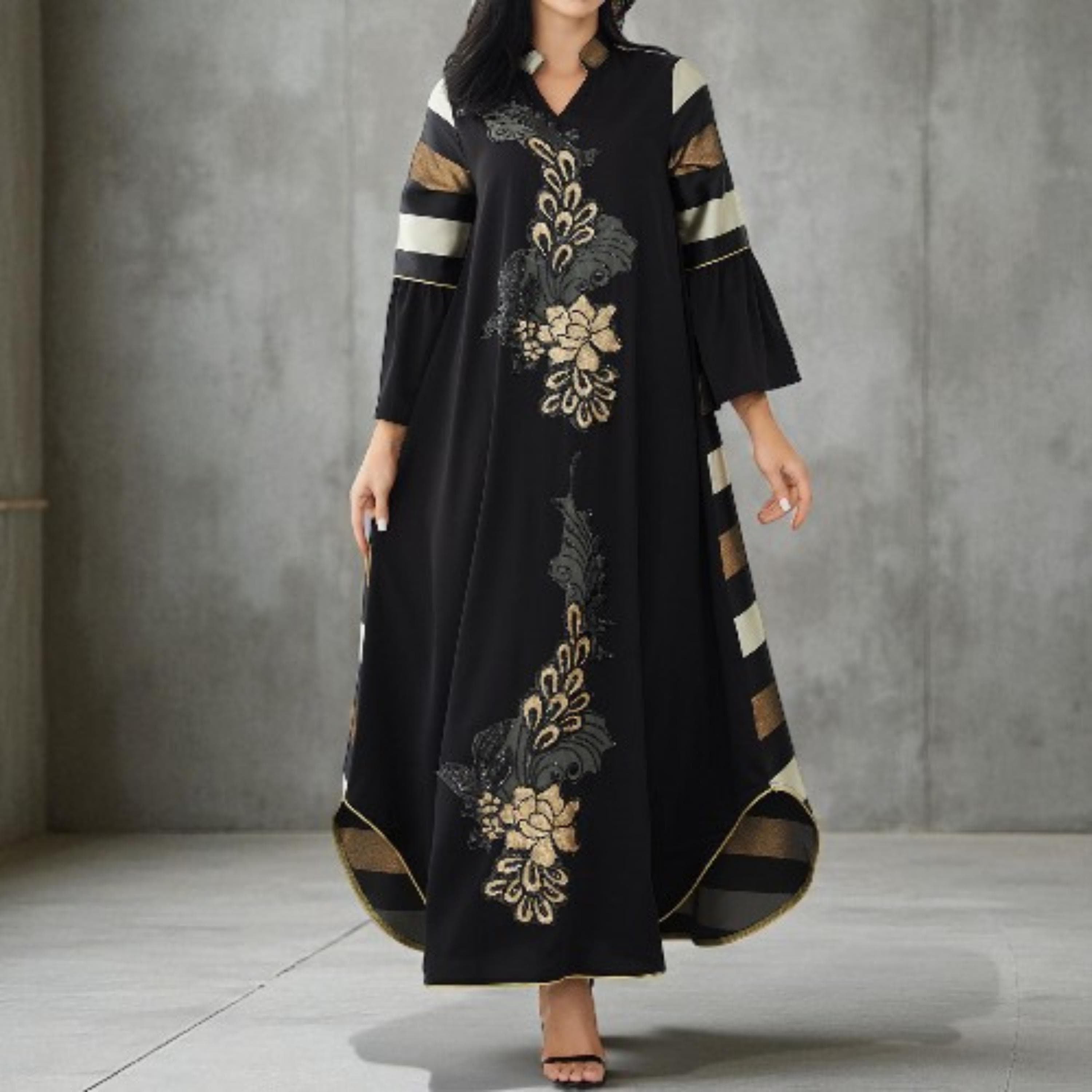 Middle Eastern Women’s Robe – Long Striped Splicing Skirt, Modest Muslim Clothing