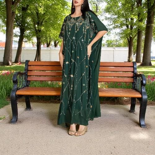 Rhinestone Beaded Abaya: Luxury Moroccan Evening Maxi Dress