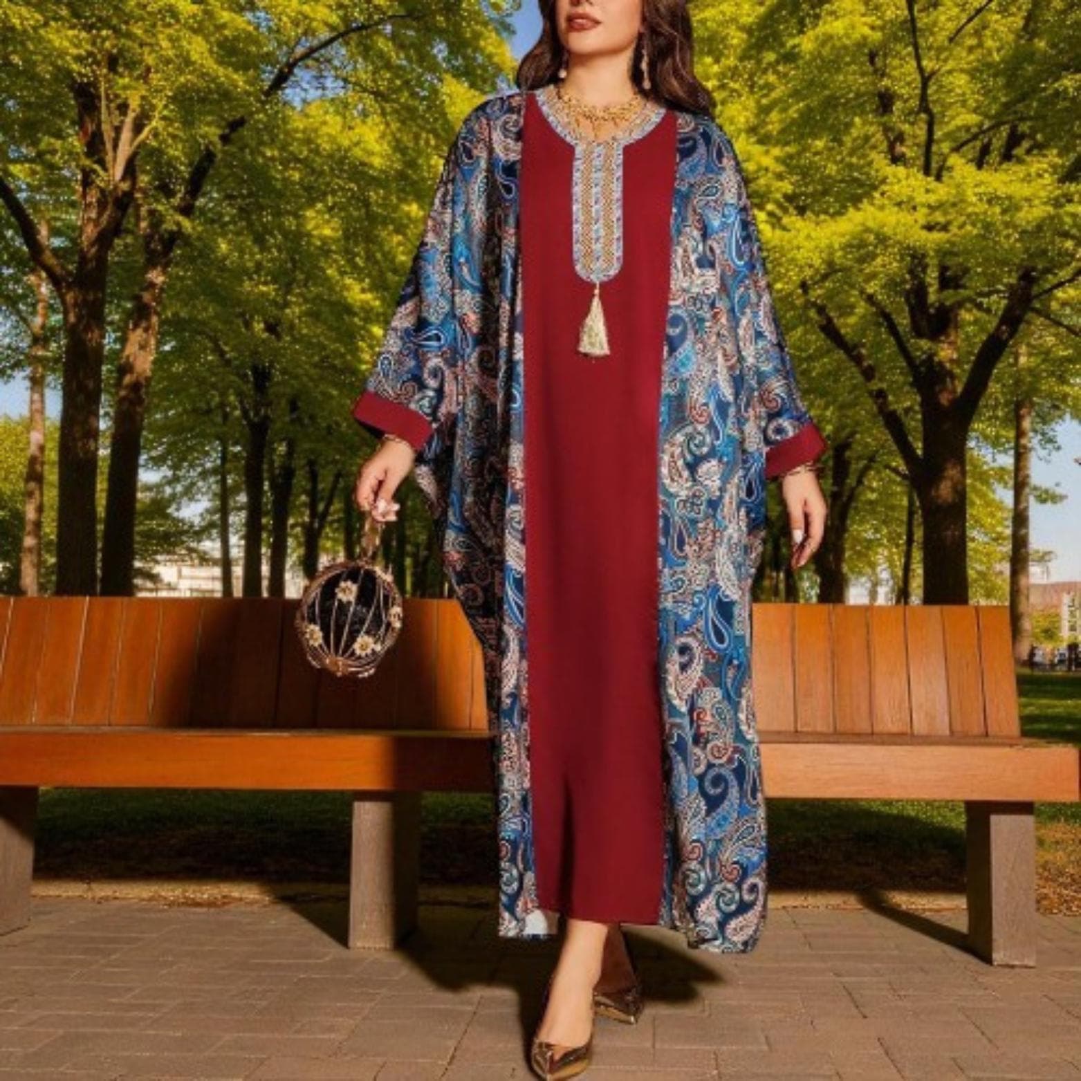 Ramadan Abaya Dress - Floral Patchwork Batwing Sleeve Dubai Kaftan