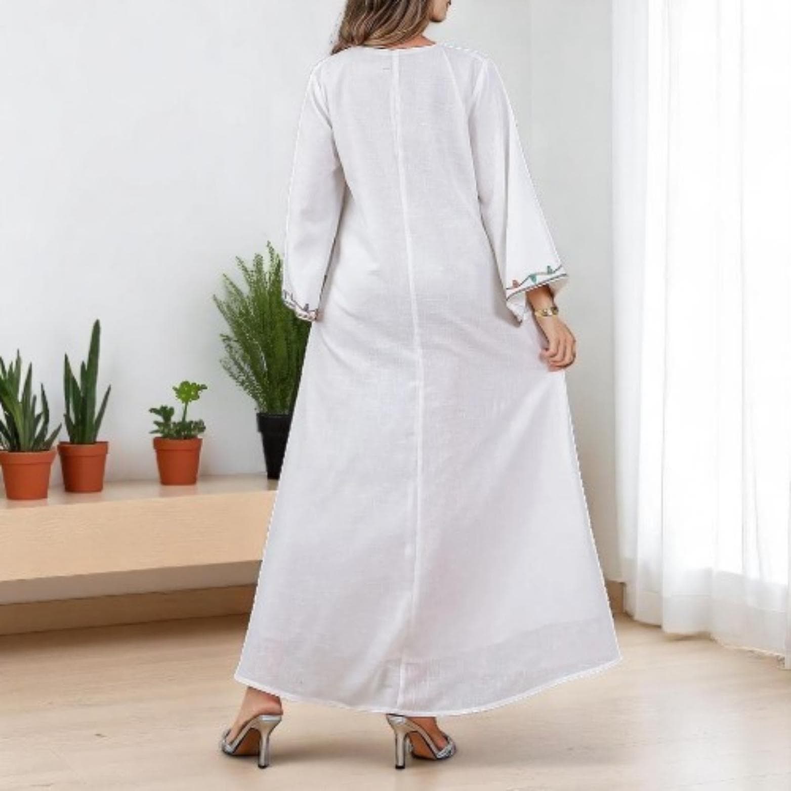 Siskakia Ramadan Muslim V-Neck Embroidery Maxi Abaya | Loose Caftan Marcaine Dresses for Women Gala - image 3