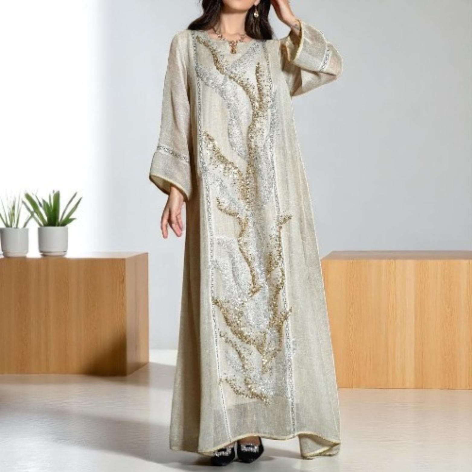 Dubai Luxury Abaya Robe – White Mesh Beaded Dress for Muslim Women – Embroidered Kaftan Jellabiya, Arabic Morocco Islamic Clothing - image 4