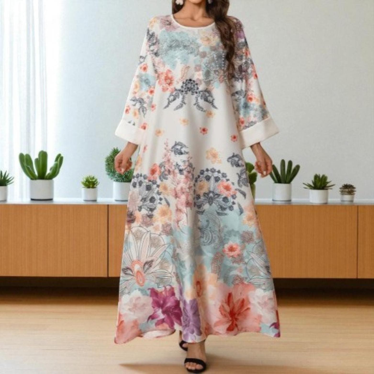 Floral Print Muslim Robe: Rhinestone Arab Ladies Dress - image 4