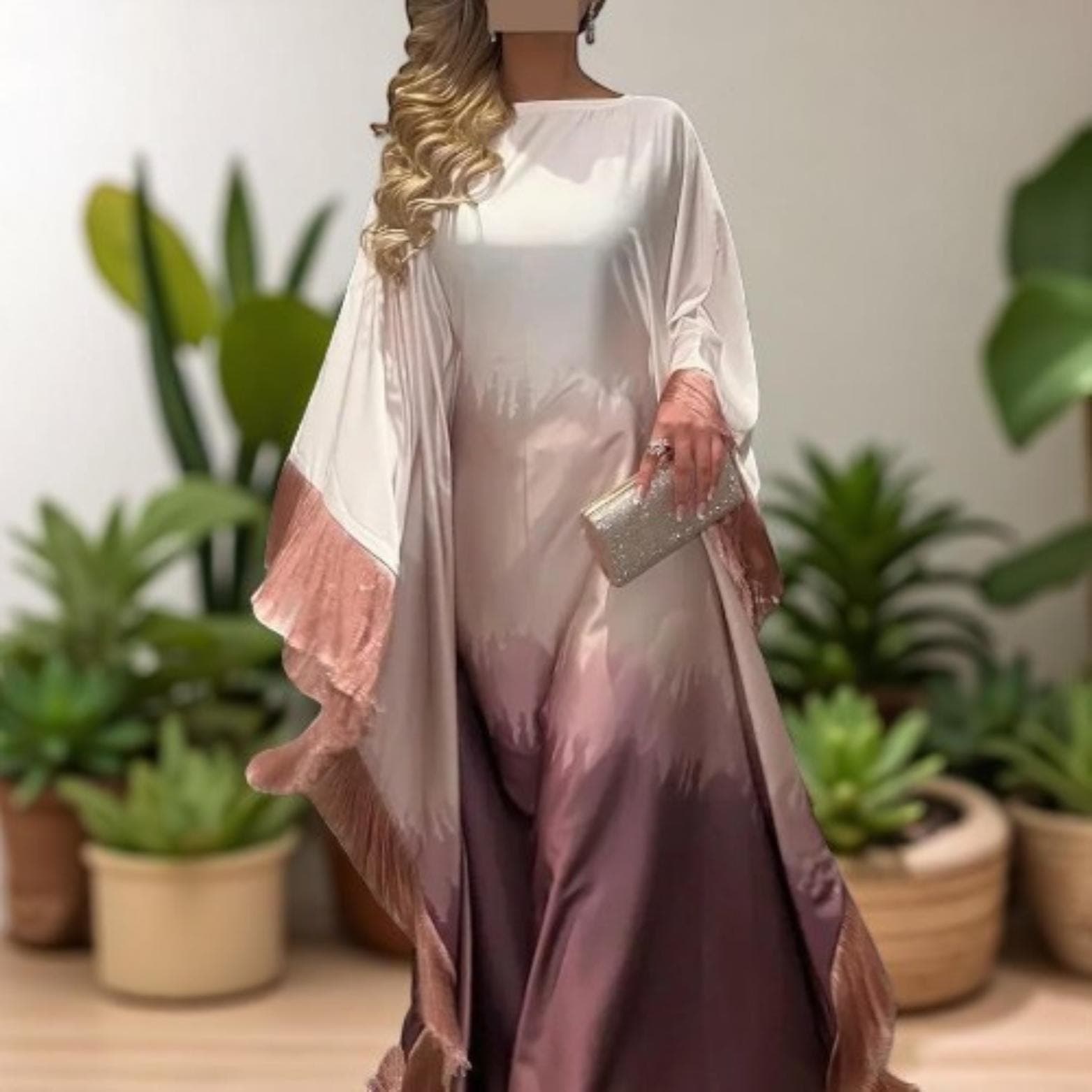 Batwing Sleeve Kaftan Abaya Dress: Gradient Tassel Islamic Evening Gown